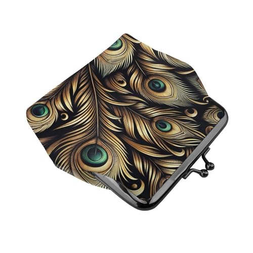 Pu Leather Buckle Coin Purse Gold-Black-Feathers-Peacock Girls Kiss-Lock Change Purse Wallets3