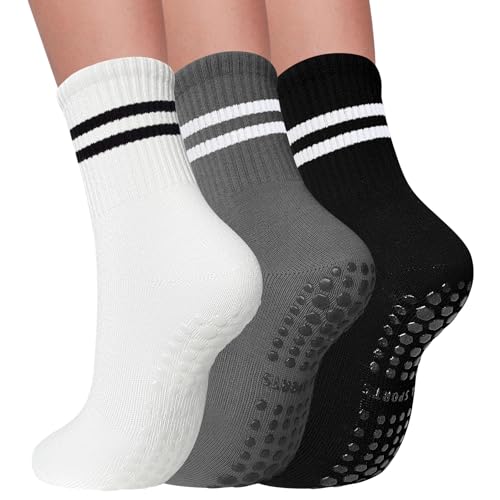 Image of 3 Pairs Pilates Socks with Grips for Women Non Slip Grip Socks for Yoga Barre Hospital Workout