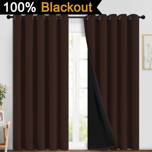 Image of Yakamok Chocolate Brown Blackout Curtains 84 Inches Long 70 inch Wide, 2 Panels | Blackout Curtain Panels for Bedroom, 2 Thick Layers Grommet Top Thermal Insulated Drapes with Black Liner for Living Room