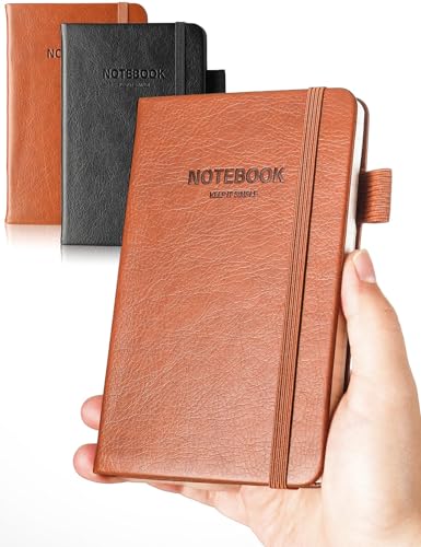 AISBUGUR Pocket Notebook Small Notebook 2-Pack, 3.5' x 5.5' Pocket Notebooks Hardcover with Thick Lined Paper, Inner Pockets, Cover Letter Embossing Design Mini Journal Notepad 1Black 1Brown Leather