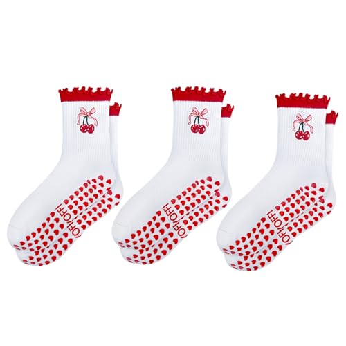Non Slip Pilates Socks: 3 Pairs Crew Cotton Ruffle Grip Socks for Women
