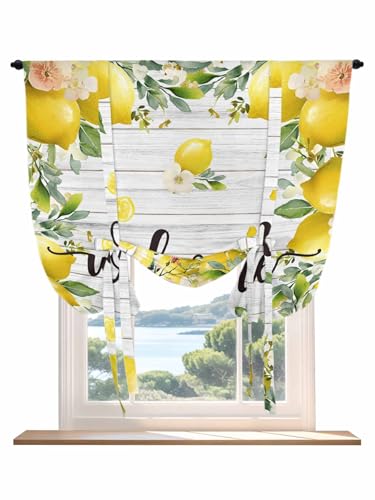 Tie Up Curtains for Windows Lemon Farmhouse Roman Shade 46 x 63 Inch Bathroom Curtains Window Summer Fruit Botanical Grey Wooden Rod Pocket Short Balloon Curtains for Living Room Kitchen Small Blinds