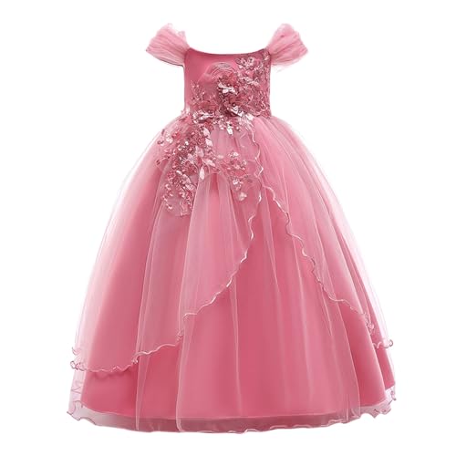 Generisch Enfants Robe Princesse Robe Ligne Épaule Fille Performance Longue Pompon Fête Enfants 2025, Rose, 3-4 ans