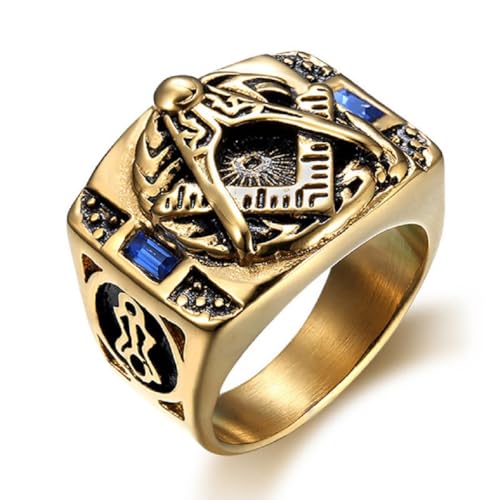 Anillo masónico de piedra azul para hombres, oro punk, símbolo masónico, circonita azul, joyas para hombre, Acero inoxidable, Sin piedras preciosas