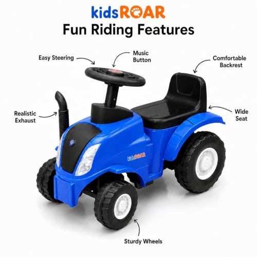Image of kidsROAR Push Ride On Car for Kids 1-5 Years | Baby Push Car with Music, 3D Lights & Backrest | Premium Ride On Toy Supports Up to 35kg (Tractor, Blue)
