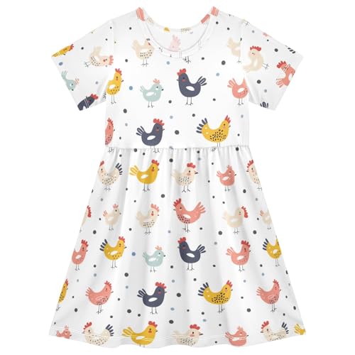 ALAZA Cute Polka Dot Chicken Toddler Girls Dress Short Sleeve A-line Dress 2-8 Years