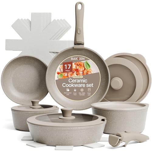 Bakken 17-Piece Ceramic Coated Aluminum Cookware Set, Nonstick Pots and Pans with Lids, Silicone...