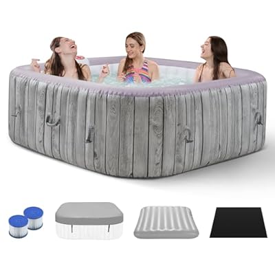 COCLUB Inflatable Square Hot Tub Spa Set, Outdoor Bubble Massage Portable Hot Tub, 4-6 Person Blow up Hot Tub with 130 Soothing Jets, Insulated Cover, Built in Heater Pump, 2 Filter Cartridges