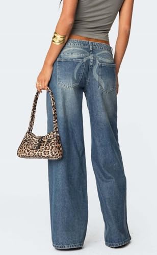 CHARTOU Women Summer Back Bow Print Wide Leg Denim Pants Y2k Low Waist Baggy Straight Jeans2