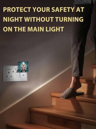Image of Night Light Plug in LED Lamp Automatic Sensor Night Lights Plug into Wall Funny Dog Golden Retriever Sitting on The Toilet Reading Newspaper Bathroom Bedroom Hallway Bright Decor Dim Night-Lights