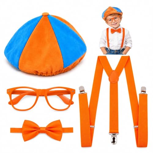 Blue Orange Hat Orange Suspender Bow-tie Glasses 4PCS Unisex Costume Accessory Set for Halloween Dress Up Party Supply