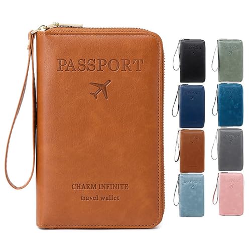 Rowgins Leather Travel Wallet with RFID Protection, Multi-Functional Passport Cover Case with Anti-Theft Zipper Closure(Brown)