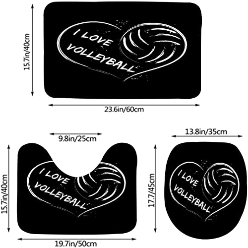 Badezimmerteppich-Set, 3-teilig, I Love Volleyball-Herz auf schwarzem Hintergrund für Sportdesign, waschbare Badteppiche, rutschfest, mit Rückenpolster, Konturteppich und Toilettendeckelbezug – Bild 3