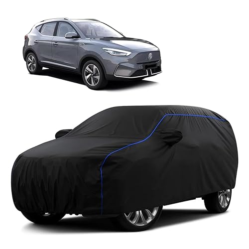 Image of Sulfar 100% Water Resistant Car Body Cover Compatible with Mirror for MG ZS EV (Triple Stitched, Full Bottom Elastic, Black Tafetta with Blue Piping)