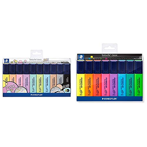 STAEDTLER 364 CWP10. Rotuladores fluorescentes Textsurfer Classic Pastel y Vintage. Estuche con 10 marcadores de variados + 364WP8 - Estuche con 8 marcadores fluorescentes