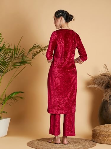 Image of Women's Velvet Floral Embroidered Straight Kurta | Round Neck Three-Quarter Sleeve Calf Length Kurti with Thread Work