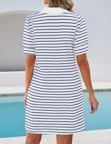 Image of ZESICA Womens Summer Striped T Shirt Mini Dresses 2026 Casual Lapel V Neck Short Sleeve Flowy A Line Beach Vacation Dress