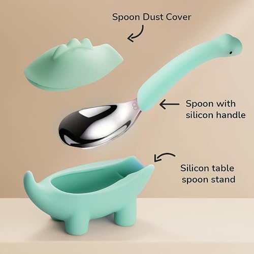 Image of Silicone Spoon for Baby, Green Baby Feeding Spoon, Silicone Kids Spoon with Dinosaur Case, 1 Pc, Travel Friendly Mealtime Utensil, Daily Feeding Essential