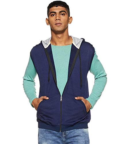 Image of Teemoods Men's Cotton Fleece Sleeveless Hooded Jacket - Casual Zip Up Vest for Gym Workout, Running, Aerobics, Yoga - Regular Fit with 2 Pockets