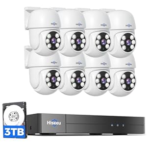 Hiseeu 3K Outdoor Wired Security Camera System with 8CH 5MP DVR & 8 x 5MP IP67 PTZ CCTV Cameras,360°Coverage,Smart Dual Light & Audio,Person/Vehicle Detection,3TB HDD,100ft Night Vision,24/7 Recording