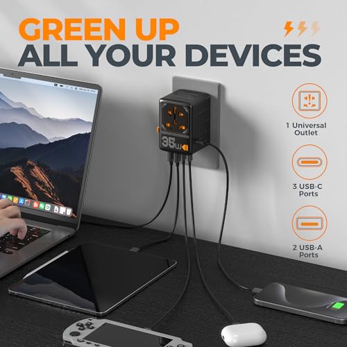Image of TESSAN Universal Travel Adapter, 35W International Plug Adaptor with 3 USB C and 2 USB A Charging Ports, Worldwide Power Outlet for US to European EU UK AUS Ireland(Type C /G /A /I)