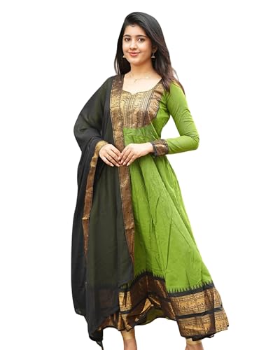 Image of Women's Vichitra Silk Anarkali Gown with Dupatta, Navy Blue Flared Traditional Dress with Magenta Zari Border, Jacquard Weaving Full Sleeves Ethnic Suit