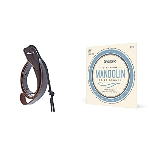 D'Addario Accessories Leather Mandolin Strap - Mandolin Accessories - Cradle Style - Brown & EJ62 80/20 10-34 Bronze Light Mandolin String
