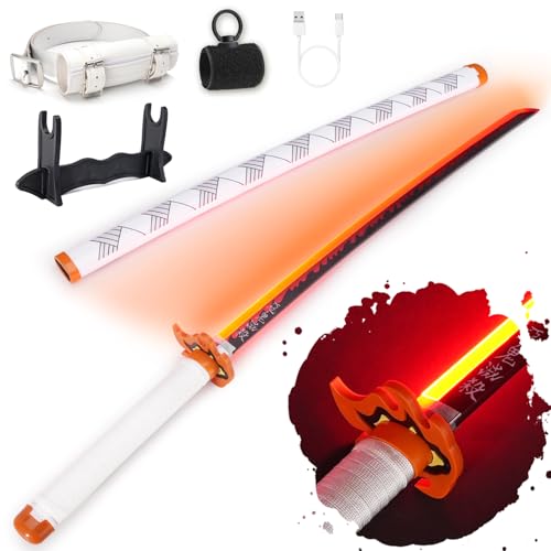 RENGENG Light Up Rengoku Sword, 40 Inches Rechargeable Plastic Anime Replica with Belt & Stand,...