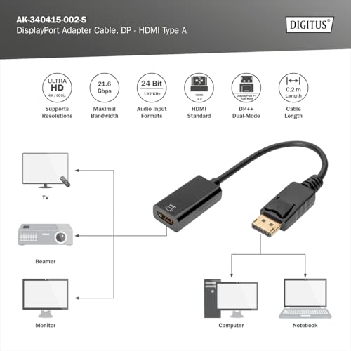 Assmann Cavo E Adattatore Video 0,2Mt Displayport Hdmi Tipo A Standard Nero - 3