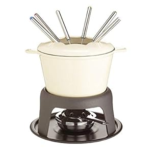 MasterClass Fleisch-/Käse-/Schokoladen-Fondue-Set aus Gusseisen, mit Sechs Edelstahlgabeln, 21 x 18 cm – Creme-schwarz