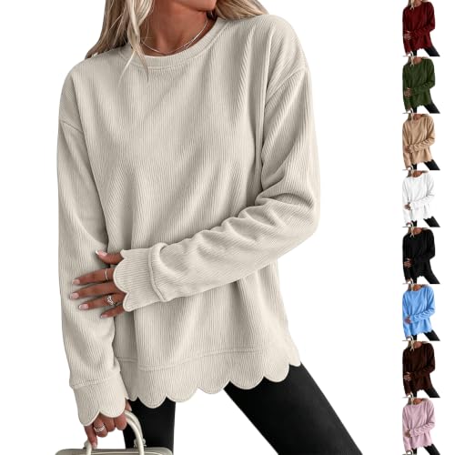 HswsEJ Womens Crewneck Sweatshirt Fall Corduroy Scalloped Bottom Sweatshirt - image 1