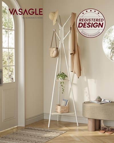 VASAGLE Appendiabiti da Terra, Attaccapanni Autoportante per Salotto, Stile Industriale, con 2 Ripiani, per Vestiti, Cappelli, Borse, Beige Naturale e Bianco Perla RCR016N01 - Immagine 1
