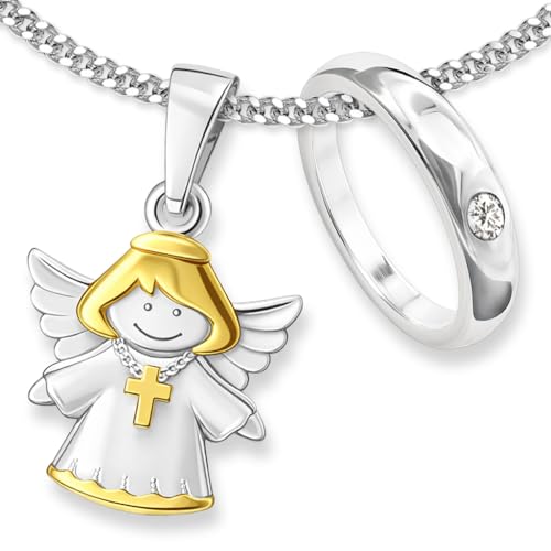 CLEVER SCHMUCK Juego de 2 colgantes de plata con colgante de ángel infantil bicolor con cruz parcialmente chapada en oro y anillo de bautizo sencillo con circonita blanca y cadena de 34 cm de plata de