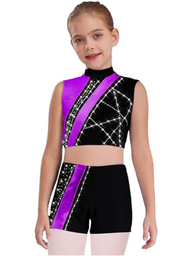 TiaoBug Girls Shiny Metallic Gymnastics Dance Outfits Sparkling Rhinestones Color Block Crop Top and Shorts Set Purple 12 Years