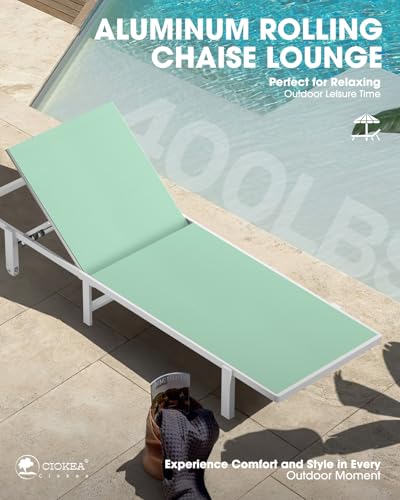 Patio Chaise Lounge Chair Set of 2, Outdoor Lounge Chairs with Wheels, 5-Position Adjustable Sun Loungers for Pool, Deck, Beach, Light Green - Thumbnail 7