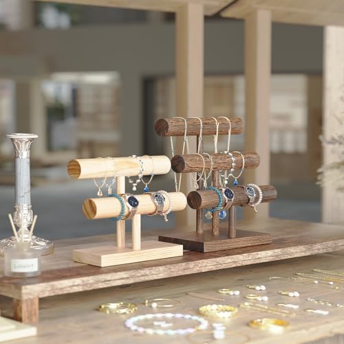 ProCase 2 Etagen T-Form Armbandhalter aus Holz, Abnehmbare Armband Halterung Schmuckhalter Armbänder Display, Vintage Armbandständer Uhrenständer Aufbewahrung für Armreifen Haarklammern Uhren -Natur