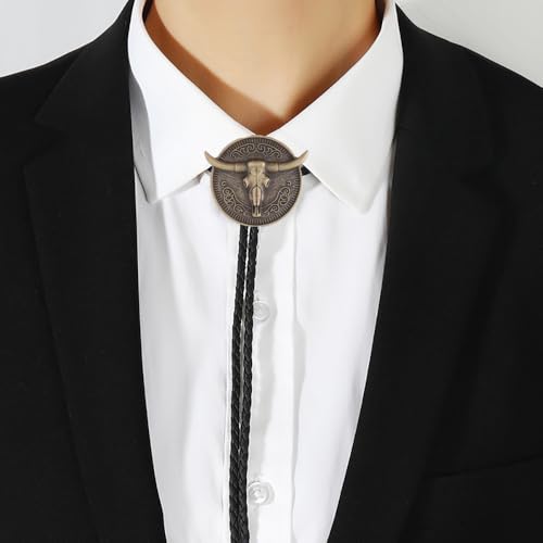 Image of Joxevyia Bolo Tie for Men Vintage Cow Skull Leather Rope Western Cowboy Necktie Vintage Bola Tie Gift for Him