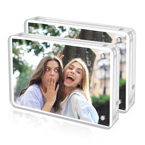 QYRDBGY Lot de 2 cadres photo en acrylique - 10 x 15 cm - En verre transparent - Double face magnétique - Sans cadre - Support pour bureau ou table -...