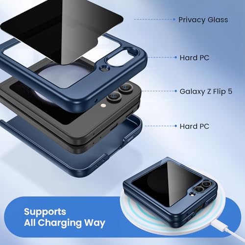 Image of Ruky for Z Flip 5 Case with Privacy Screen Protector, Full Body Cover Anti-Scratches Shockproof Hard PC Ultra-Thin, Support Wireless Charging Protective Phone Cover for Samsung Z Flip 5, Dark Blue