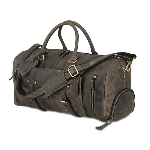 Image of KomalC 24 Inch Leather Duffle Bags for Men and Women Travel Overnight Weekend Bag Sports Gym Duffel for Men (Charcoal Black With Shoe Pocket)