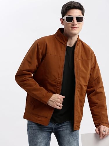 Image of SHOWOFFFF Men Solid Bomber Jacket | Mock Collar Full Sleeves Nylon Jacket for Mens | Slim Fit Regular Length Jacket for Men's