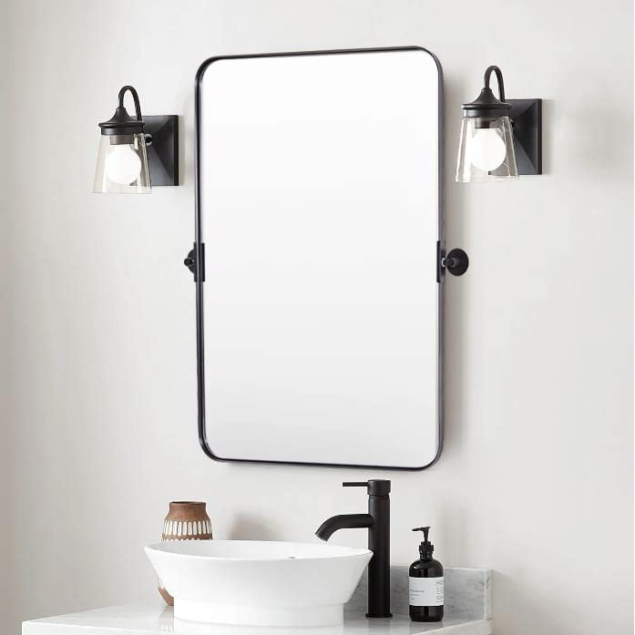 ANDY STAR 22"x34" Matte Black Pivot Mirror for Bathroom, Metal Frame Bathroom Mirrors for Wall?Rectangle Titling Vanity Wall Mirror with Rounded Corner Design Hangs Vertical