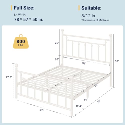 Image of Allewie 14'' Full Size Metal Platform Bed Frame, Vintage Headboard, White | 50'' Tall Victorian Headboard /Footboard /Mattress Foundation /Under Bed Storage /No Box Spring Needed /Easy Assembly /Noise Free