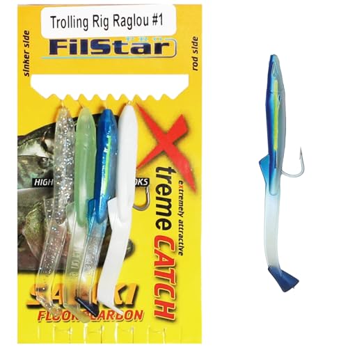 PRO FILSTAR Sabiki Trolling Rig Raglou – 4 ami da pesca N1 – Fluorocarbonio DIA0,40 mm – Esca per aringhe – Sgombro & pesca in mare – Sgombro & Blue Fish