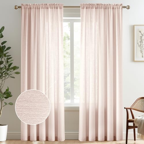 Image of Melodieux Light Pink Semi Sheer Curtains 84 Inches Long for Living Room, Bedroom Linen Look Farmhouse Rod Pocket Shiny Sheer Curtain Drapes Light Filtering Home Office, 52" W x 84" L, 2 Panels