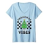 Photo Gallery donna retro christmas vibes happy xmas tree segno della pace a scacchi maglietta con collo a v Photo Gallery donna retro christmas vibes happy xmas tree segno della pace a scacchi maglietta con collo a v
