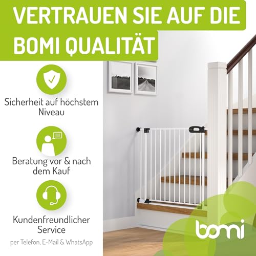 Bomi Treppenschutzgitter Merle Flatstep, Breite 63-71 cm | Türschutzgitter ohne Bohren, stabile Kindersicherung für Kind & Hund, TÜV geprüftes Hundegitter, Türgitter, Treppengitter, Metall Weiß