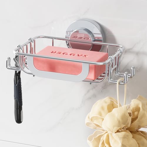 Image of TAILI Soap Holder, Soap Dish Suction Cup with Hooks, Stainless Steel,Silver | Soap Dish for Shower, Bathroom Bar soap holder Shower Wall, Stainless Steel Sponge Holder for Tub Kitchen