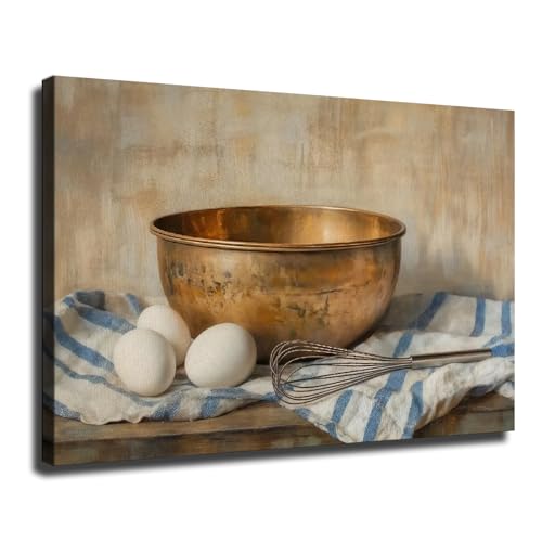 Vintage Kitchen Wall Art, Rustic Baking Wall Decor, Antique Copper Bowl Painting, French Country Farmhouse, Cozy Culinary Artwork (Framed,12×18 inch)