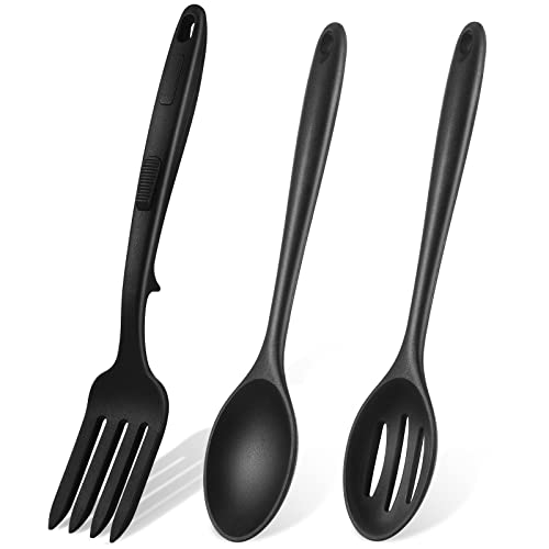 3 Pcs Silicone Flexible Fork and Spoon Set with Long Handle for Cooking Heat Resistant Kitchen Non Stick Fork Mixing Serving Spoons for Mixes Ingredients Mashes Food Whisk Egg Baking Scooping Scraping
